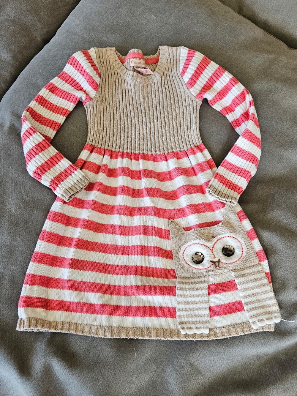 Girls' Pink & Cream Striped Knit Dress with Owl Pocket - Cozy Everyday Style